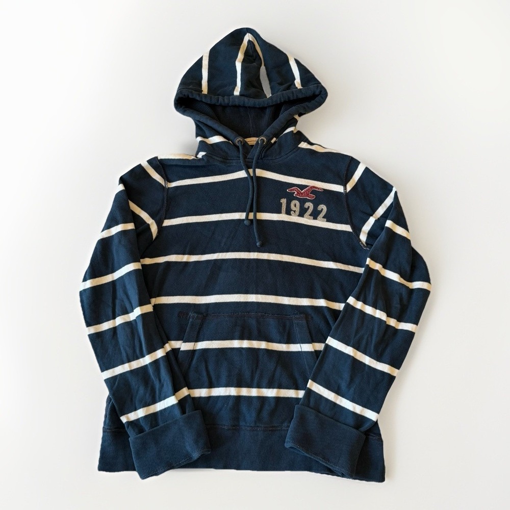 Hollister VTG Y2K Men's Navy & White Striped Hoodie Bird Logo Large Rare Cotton